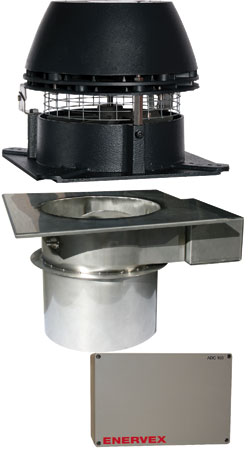 Enervex EcoDamper System consists of the RS Chimney Fan, the Mechanical Fireplace Damper (MFD) and the ADC100 Control.